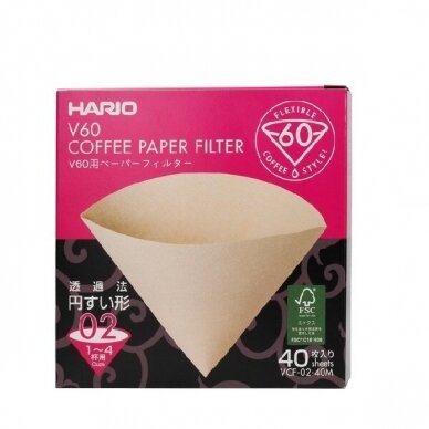 Popieriniai rudi filtrai Hario V60-02 kavinukui, 40 vnt.