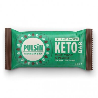 Mėtinio šokolado ir žemės riešutų Keto batonėlis PULSIN Mint Choc & Peanut, 50 g